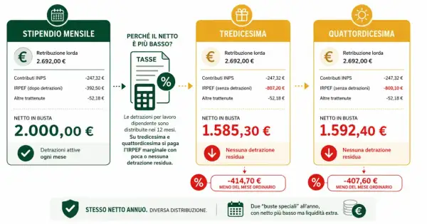 Confronto busta paga: stipendio mensile, tredicesima e quattordicesima. La tredicesima in busta paga risulta inferiore a causa dell'IRPEF marginale.