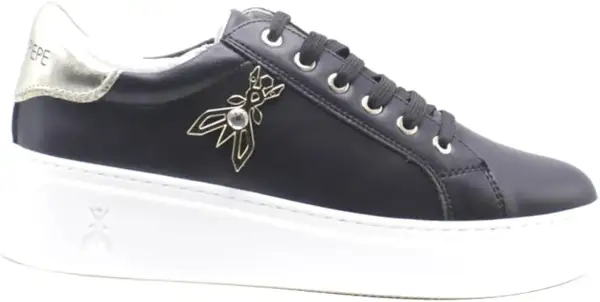 Black Patrizia Pepe sneaker with gold bee logo and white platform sole.