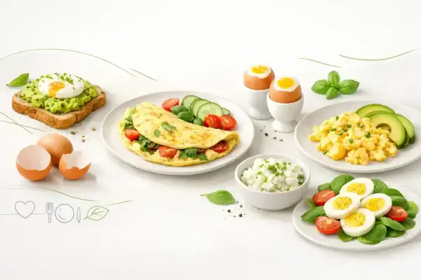 Różnorodne jajka na śniadanie: jajko w koszulce na awokado, omlet z pomidorkami, jajecznica, jajka na twardo i twarożek.