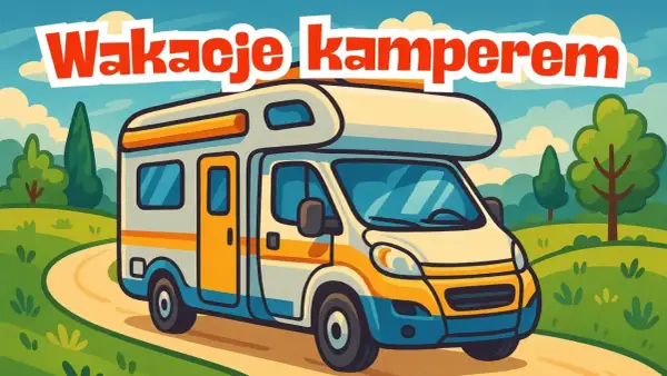 Kolorowy kamper na drodze pośród zielonych wzgórz. Czas na wakacje kamperem!