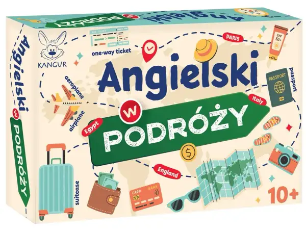 Gra "Angielski w podróży" z motywami lotniczymi, walizką, paszportem i mapą świata. Idealna do nauki języka podczas wakacji.
