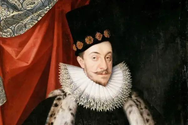 Porträtt av Sigismund Vasa i en svart hatt med utsmyckning, vit krås och pälsbeklädd mantel.