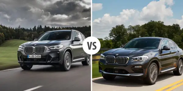 Porównanie BMW X4 z X3, uwzględniające BMW X4 wymiary. Dwa SUV-y na drodze.