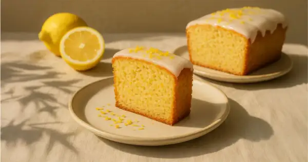 Ein Stück saftiger, veganer Zitronenkuchen mit Zuckerguss und Zitronenschale bestreut, daneben frische Zitronen.