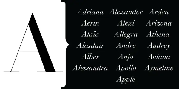 Une grande lettre A stylisée à gauche, et à droite, une liste de prénoms en A : Adriana, Alexander, Arden, Aerin, Alexi, Arizona, Alaïa, Allegra, Athena, Alasdair, Andre, Audrey, Alber, Anja, Aviana, Alessandra, Apollo, Aymeline, Apple.