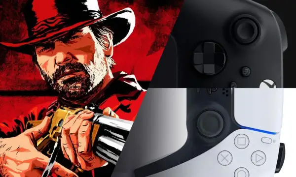 Arthur Morgan im Red Dead Redemption 2 Stil, neben PS5-Controllern. Ein Upgrade für das Spiel auf PS5 wäre fantastisch!