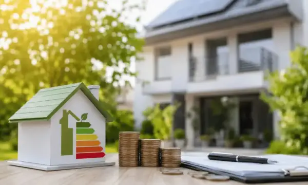 Casa modelo con etiqueta de eficiencia energética y pilas de monedas, simbolizando hipotecas verdes y ahorro.