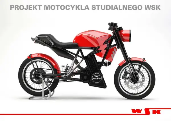 Nowa wsk w czerwonym kolorze, projekt motocykla studialnego. Klasyczny design z nowoczesnymi elementami.