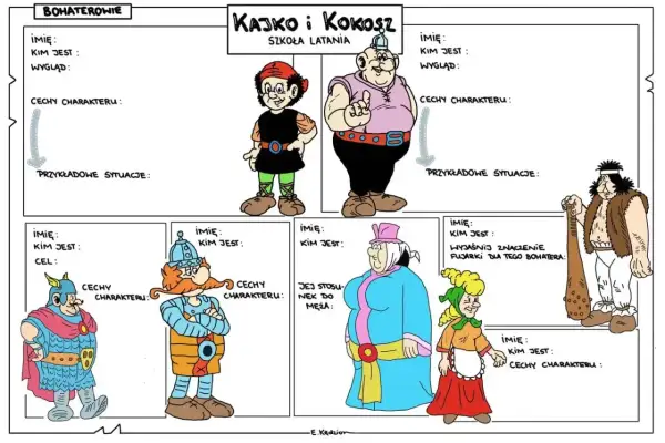 Bohaterowie z "Kajko i Kokosz: Szkoła latania" - streszczenie postaci. Kajko, Kokosz, Hegemon, Miluś, Jaga, Krwawa Łania.