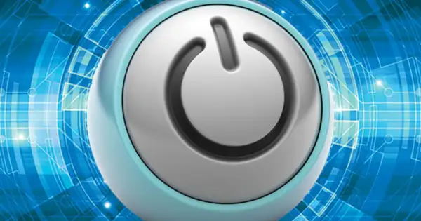 Przycisk zasilania na tle cyfrowej sieci. Symbolizuje automatyczne wyłączanie komputera i oszczędzanie energii.
