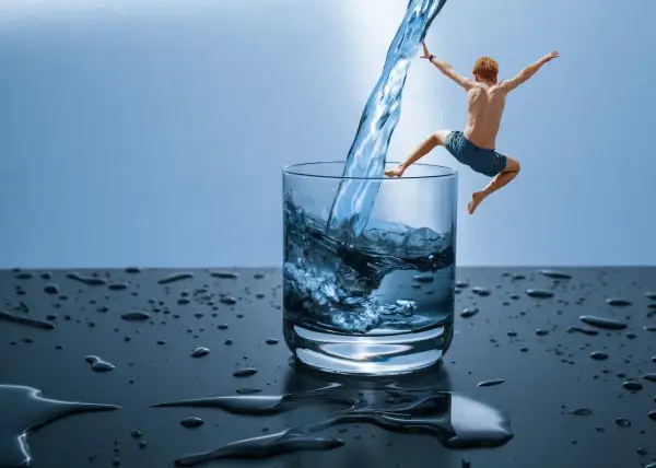 Chłopiec skacze do szklanki z wodą, jakby odkrywał, czym jest hydroterapia.