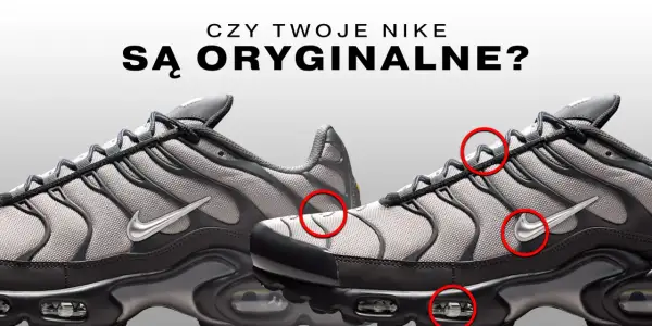 Szare buty Nike z czerwonymi kółkami wskazującymi detale. Czy w 50 style są oryginalne buty?
