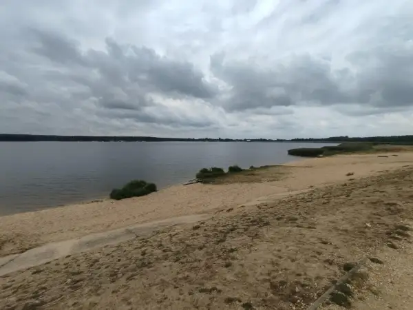 Plaża nad zalewem porajskim pod pochmurnym niebem. Woda spokojna, brzeg piaszczysty z kępami zieleni.