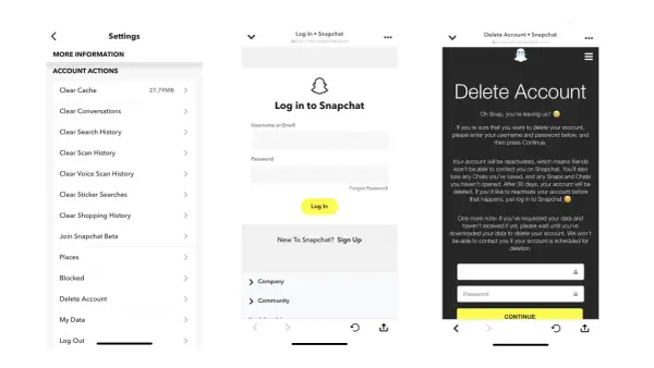 Ekran ustawień Snapchata, gdzie można znaleźć opcję "Delete Account", aby dowiedzieć się, jak usunąć snapa.