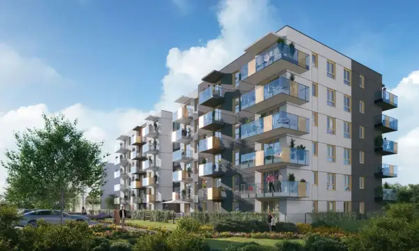 Nowoczesne apartamenty z przeszklonymi balkonami w Oruni Górnej. Zieleń i ludzie tworzą przyjazną atmosferę.
