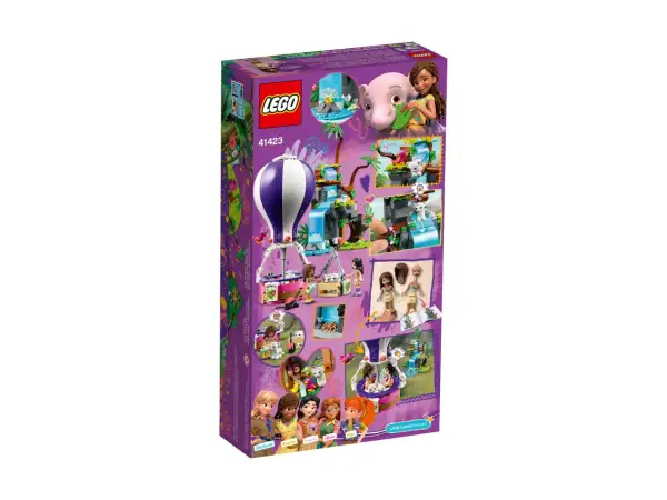 Zestaw lego 41423: dziewczyny ratują słonika i kotki w dżungli, podróżując balonem i odkrywając wodospady.