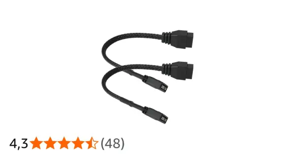 Rozdzielacz kabli do podświetlenia. Jeden kabel z trzema pinami (ARGB) i drugi z czterema (RGB).