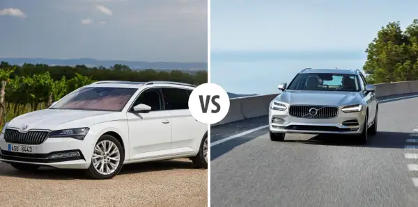 Porównanie białego kombi z winnicami i srebrnego Volvo V90 na drodze. Sprawdź wymiary Volvo V90.
