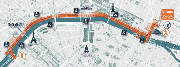 Carte du parcours de 10km des étoiles à Paris, longeant la Seine, passant par la Tour Eiffel, le Louvre et le Trocadéro.