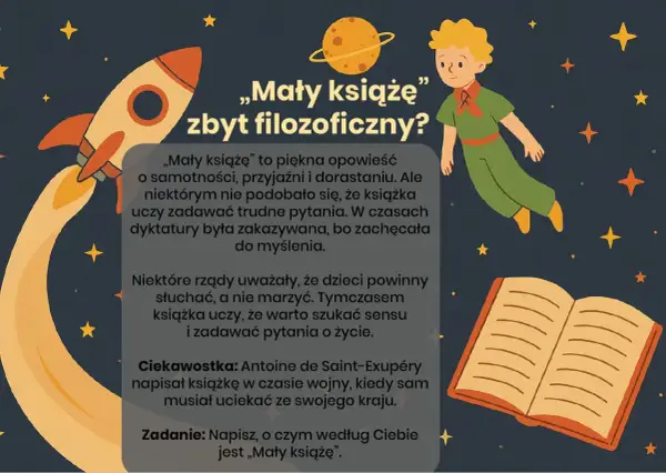 Ilustracja z Małym Księciem, rakietą i książką. Tekst omawia tę przypowieść i jej filozoficzne przesłanie.