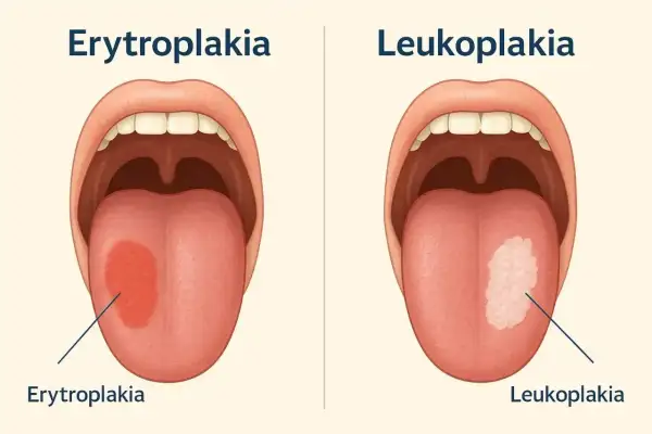 Dwa obrazy jamy ustnej pokazujące zmiany na języku: erytroplakię (czerwona plama) i leukoplakię (biała plama). Wczesne objawy raka jamy ustnej.