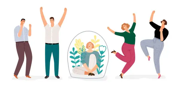Vrolijke mensen vieren feest, het tegenovergestelde van introvert. Eén persoon zit in een glazen bol, omringd door planten.