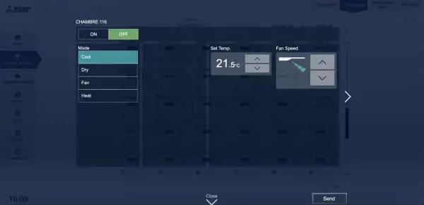 Le clim Mitsubishi est en mode chauffage pour la chambre 116. La température est réglée à 21.5°C.