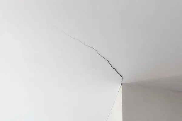 Fissure sur un plafond blanc, signe d'une trame de renovation nécessaire.