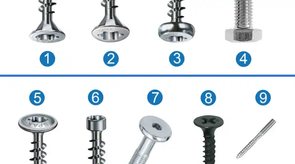 Verschiedene schrauben arten, von links nach rechts: 1-3 und 5-9 sind Holzschrauben mit unterschiedlichen Köpfen, 4 ist eine Maschinenschraube.