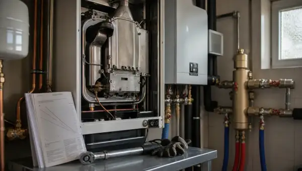 Installazione di caldaia e condizionatore insieme, con manuale tecnico e attrezzi pronti per il lavoro.