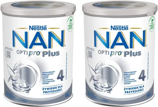 Dwa opakowania mleka NAN OPTIPRO PLUS 4, od kiedy podawać? Idealne dla dzieci, z kulturami bakterii i witaminami.