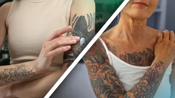 Dos mujeres con brazos tatuados. Una aplica crema sobre un tattoo negro de un pájaro. La otra muestra un colorido tattoo de flores.