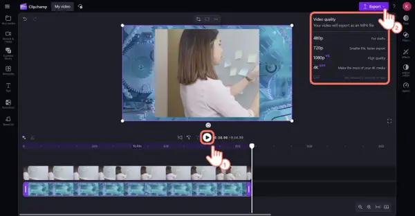 Zdjęcie z filmu: Kobieta przykleja karteczki na tablicy, a obok widać opcje eksportu wideo, w tym wybór jakości.