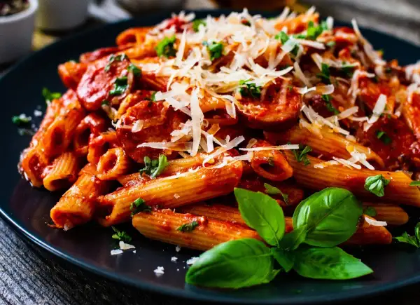 Penne z krewetkami w sosie pomidorowym, posypane parmezanem i udekorowane bazylią.