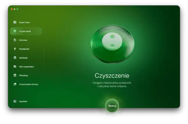 Interfejs programu do czyszczenia komputera. Opcja "Czyszczenie" jest podświetlona, sugerując usuwanie zbędnych plików, w tym pamięci podręcznej aplikacji.