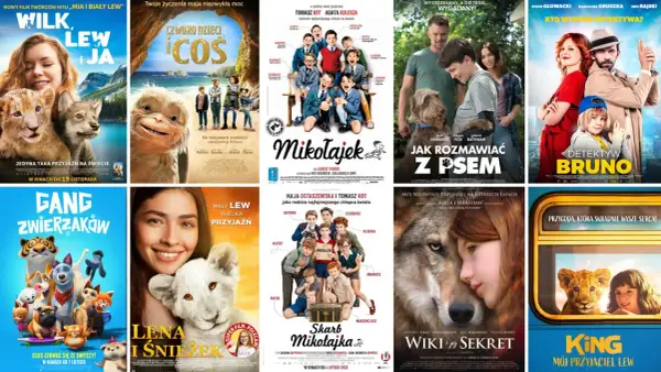 Plakaty filmowe: "Wilk, Lew i Ja", "Człowiek, który pokochał psa", "Detektyw Bruno", "Gang Zwierzaków", "Skarb Mikołajka", "Wiki i jej sekret", "King, mój przyjaciel lew". Idealne filmy dla dzieci 7 lat.