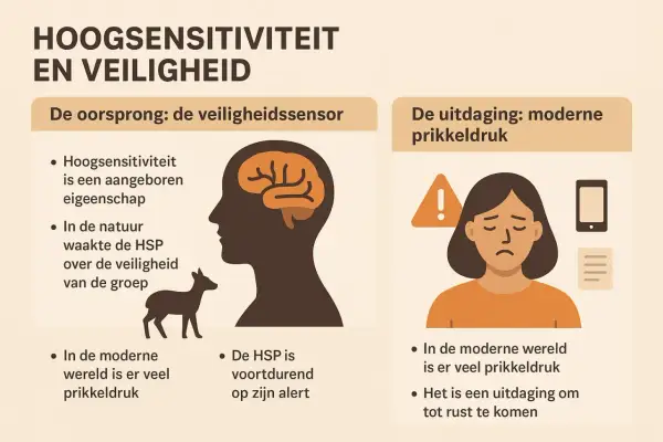 Een hoog gevoelig persoon (HSP) heeft een aangeboren veiligheidssensor. In de natuur waakte de HSP over de groep. Nu is er veel prikkeldruk.