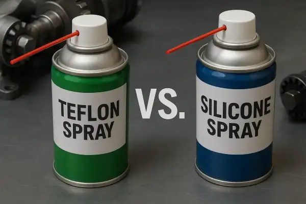 Smar PTFE do czego? Dwa spraye: zielony z napisem "Teflon Spray" i niebieski "Silicone Spray", porównanie zastosowań.