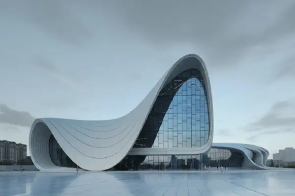 Edificio moderno con formas curvas y fluidas, un ejemplo de ia arquitectura contemporánea.