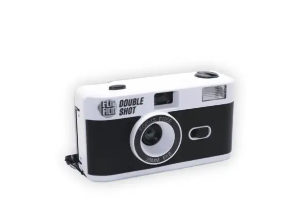 A white and black half frame camera with "DOUBLE FILM SHOT" text.