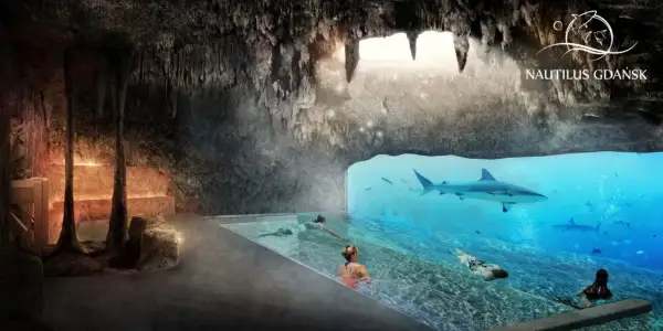 Basen w jaskini z rekinami pływającymi w akwarium obok. Nautilus Gdańsk Oceanarium.