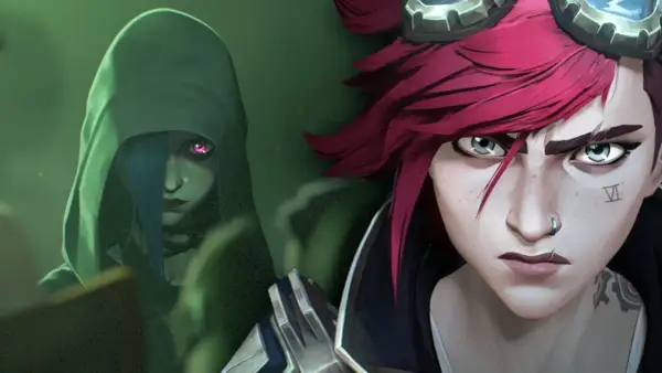 Jinx und Vi sind bereit für die lol neue staffel! Ihre Gesichter sind nah dran, mit Violets roten Haaren und Jinx' Kapuze, die ihr Gesicht verdeckt.