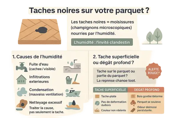 Illustration d'un parquet avec une tache noire, symbole de moisissures dues à l'humidité. Le bois noirci par l'humidité peut cacher des dégâts profonds.