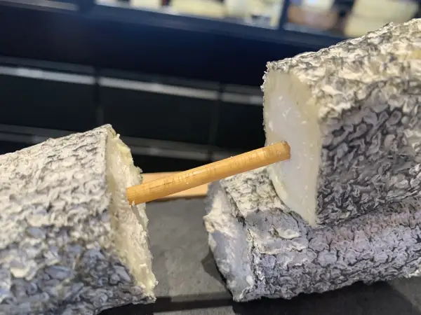Deux morceaux de fromage de chèvre, un "tête de maure", sont reliés par un bâtonnet en bois.