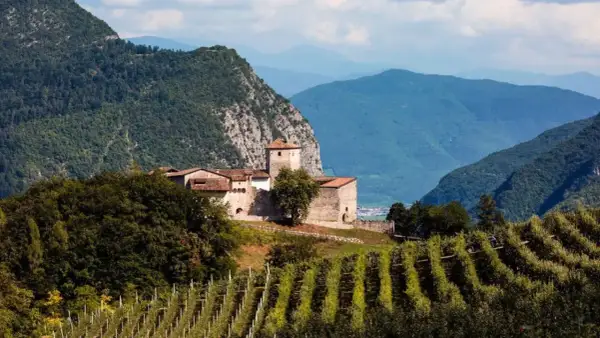 Castello medievale su una collina, circondato da vigneti e montagne, tipico dei paesi Val di Non.