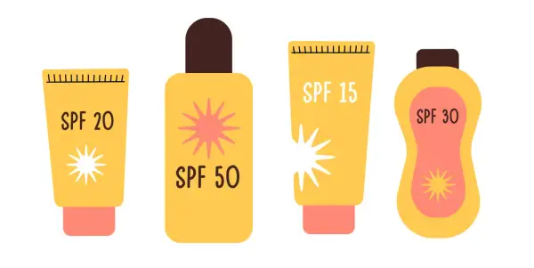 Cztery żółte opakowania kremów z filtrem: SPF 20, SPF 50, SPF 15 i SPF 30. Wybierz odpowiedni filtr do opalania dla swojej skóry.