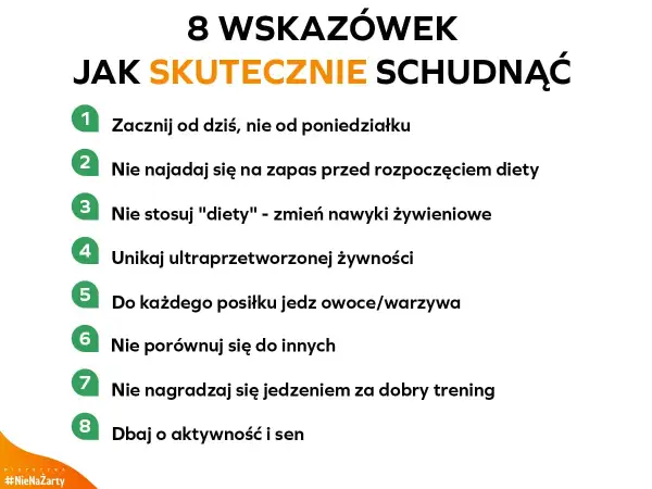 8 wskazówek jak skutecznie schudnąć: zacznij dziś, jedz owoce/warzywa, unikaj przetworzonej żywności, dbaj o aktywność i sen. To jest dobre na odchudzanie.