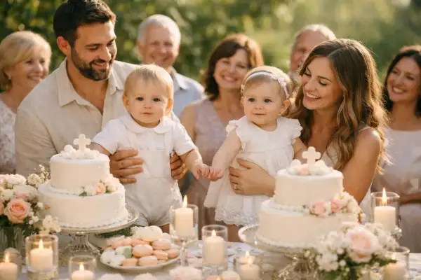 Joyeux baptême catholique pour ces adorables jumeaux, entourés de leur famille.