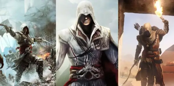 Trzy postacie z gier Assassin's Creed: pirat na morzu, asasyn w bieli i wojownik pustyni z pochodnią.