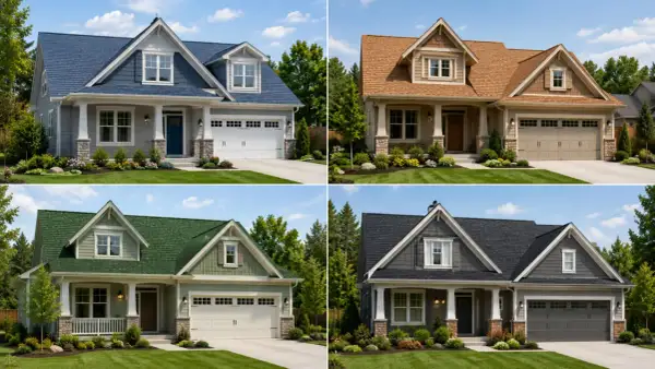 Four houses showcase different shingles colors: blue, brown, green, and dark gray.